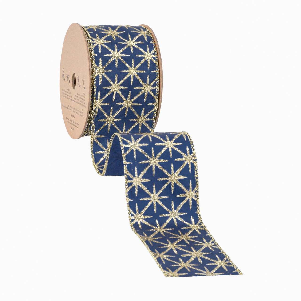 LaRibbons 2 1/2" Wired Ribbon | Blue Satin with Gold Stars | 10 Yard Roll
